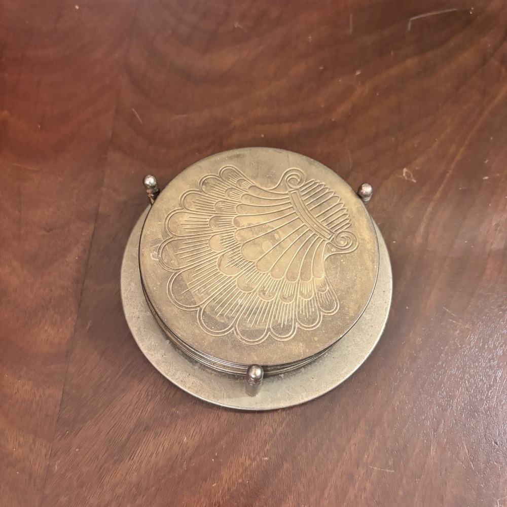 Vintage Brass Coaster Set 6 w Holder Engraved Shell Fan Motif Drink Coasters